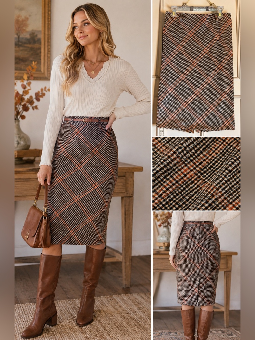 Dark Academia Plaid Midi Pencil Skirt - Vintage‎ 90s Corporate Chic Sz 8